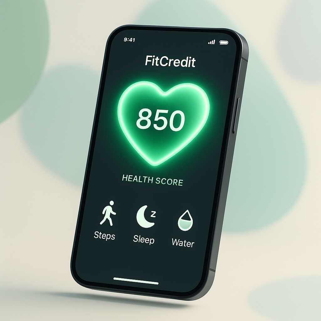 A phone showing the FitCredit app interface with a high health score